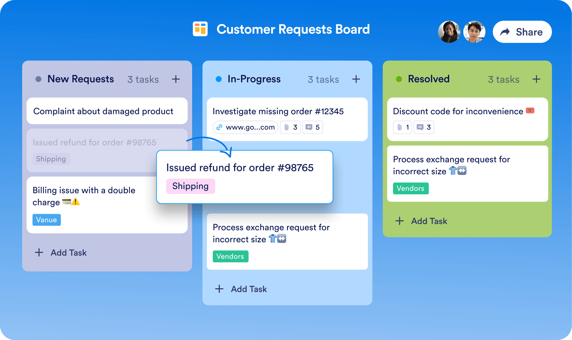 Customer requests board that has 3 different columns