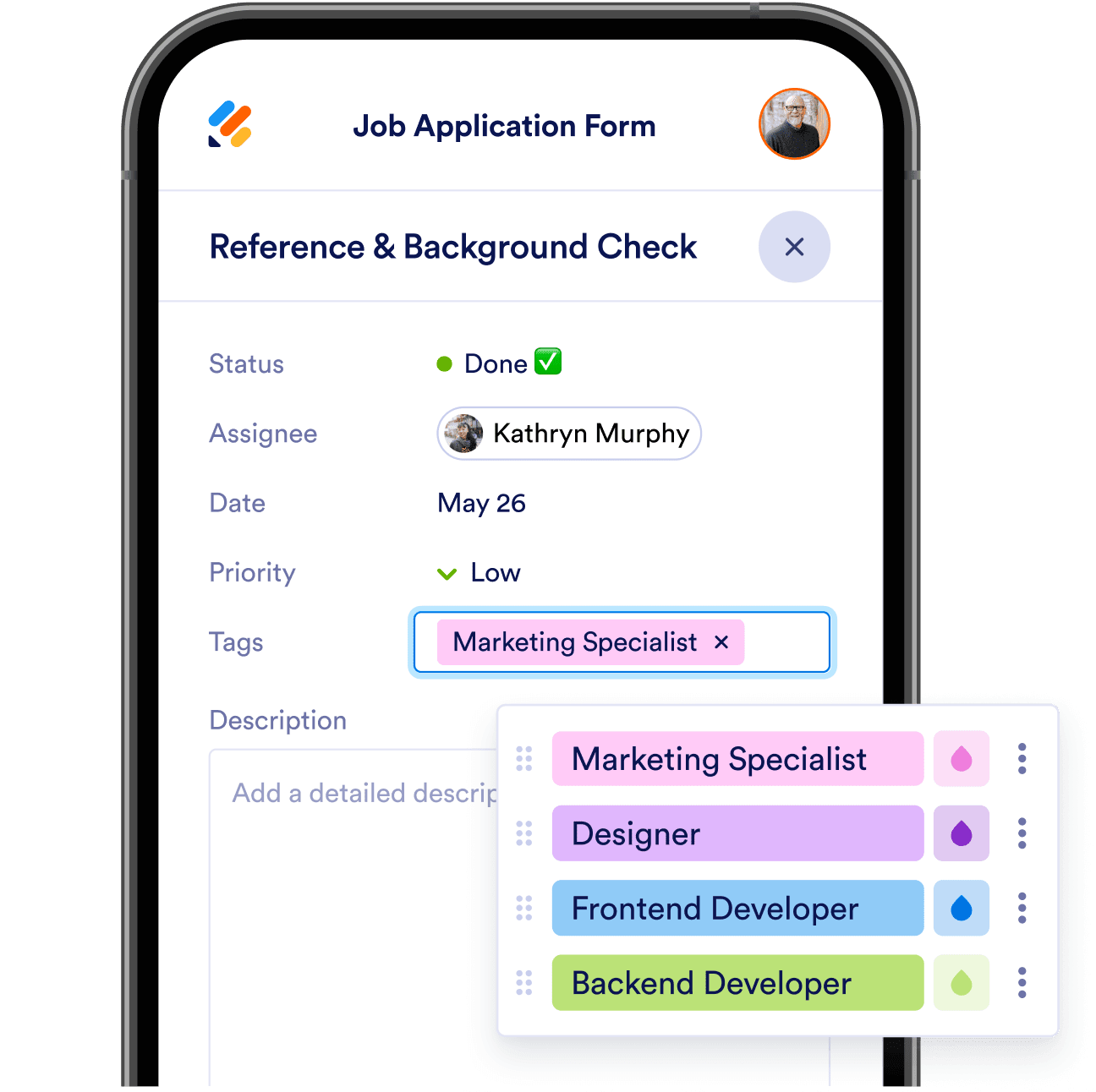 Job application form example and tag option has been highlighted
